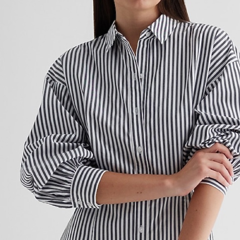 Express Black and White Vertical-Striped Mini Shirt Dress - Picture 2 of 12